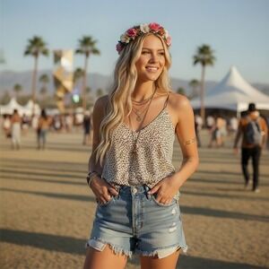 Gaze NEW DTLA Leopard Print V-Neck Spaghetti Strap Camisole Top Tan Black XS